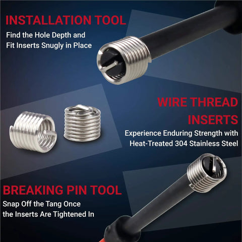 320-Piece Thread Repair Kit For SAE And Metric Threads With HSS Drill Bits Taps 304SS Inserts And Break Off Pins Pro Grade Automotive And Machinery Restoration Tool Set image showing installation tool, wire thread inserts, and breaking pin tool.