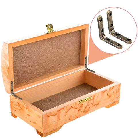 Open wooden box with bronze hinges, showcasing Six Pack 90 Degree Wooden Box Hinges With 24 Screws Bronze Finish For Jewelry Boxes Cabinets And Chests Durable Corrosion Resistant Metal Hardware For Diy Projects And Repairs Diy Friendly.