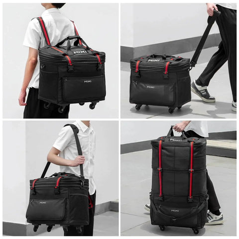 Expandable Rolling Travel Bag With Wheels For Men And Women, 58L to 120L capacity, foldable black duffel carry-on displayed in use