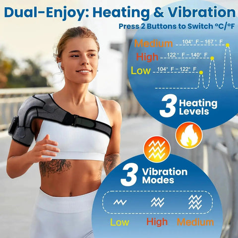 Woman jogging wearing Cordless Shoulder Heating Pad With Massage On The Go, Electric Heated Shoulder Wrap With 3 Vibration Modes and Heat Settings.