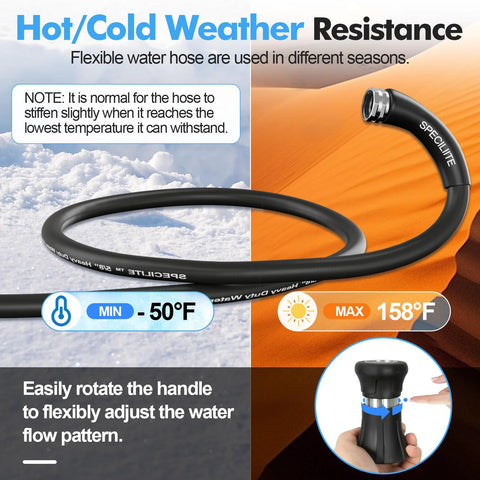 SPECILITE 5/8-inch black rubber garden hose, 50 ft, heavy-duty with 3/4-inch stainless steel fittings and high-flow nozzle