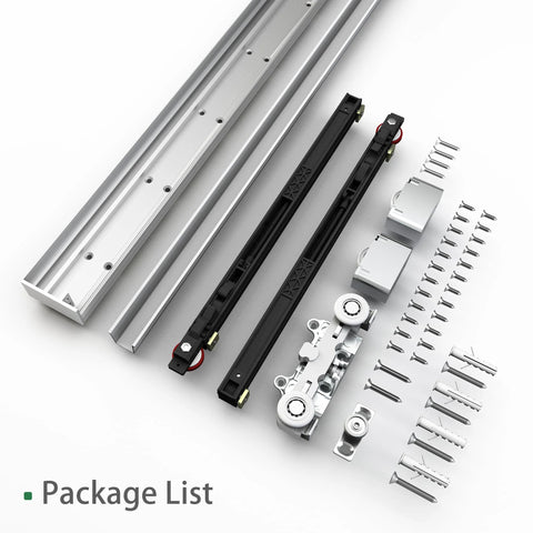 Package contents of Concealed Barn Door Hardware Kit With Soft Close, Invisible Wall Mount Aluminum Track For 28 To 32 Inch Openings