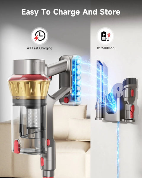 Cordless vacuum cleaner with transparent dustbin and gold top, shown with wall-mounted charging dock