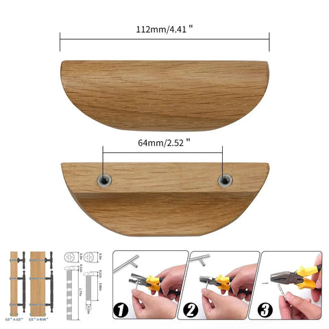 Oak Wood Oblique Angle 4.41 Inch Windbreaker Cabinet Door Handle In Antique Long Walnut Finish, installation guide shown.