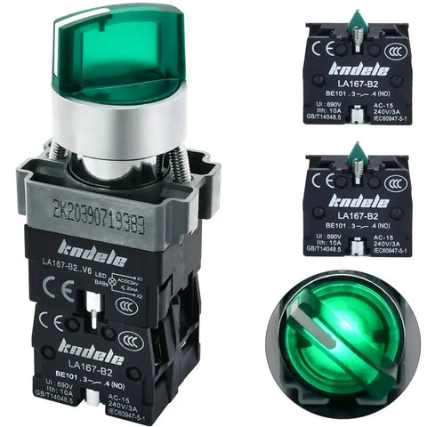 10 Amp 3 Position Rotary Switch With Green LED Light, 22mm Mounting Hole, IP65 Waterproof, Maintained DPST 2NO 600V AC, Metal Head
