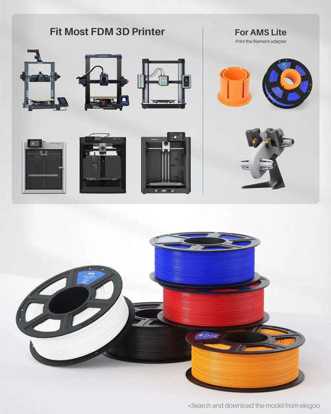 Stacks of colored spools including beige PETG filament 1.75mm for 3D printing, compatible with most FDM printers.