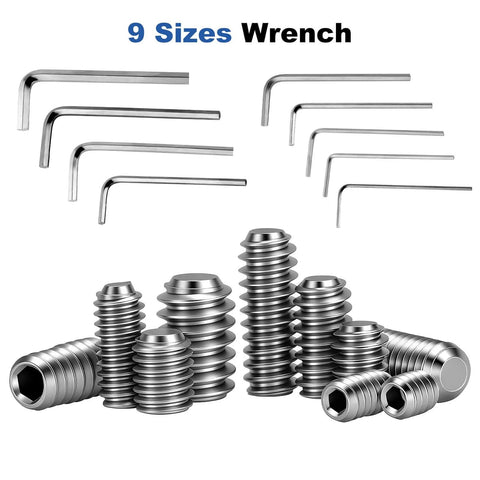 280 Piece Set Screw Kit With 28 Sizes Metric And SAE Allen Grub Screws In 304 Stainless Steel Internal Hex Drive Cup Point For Door Knobs And Faucets A Handy DIY Must Have For Bathroom Fixtures And Hardware Repairs displayed with hex wrenches.