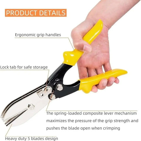 Five Cutter Heavy Duty Gutter Crimper Tool with ergonomic grip and lock tab, designed for 24 to 28 gauge ductwork and venting.