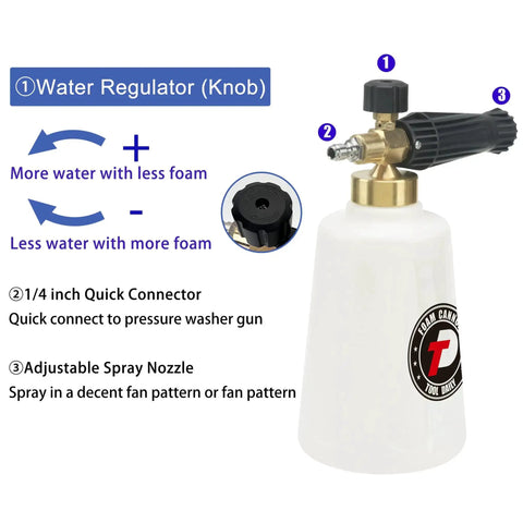 Beast Foam Cannon For Car Wash With Easy Fill Bottle And Snow Foam Lance One Quarter Inch Quick Connect water regulator