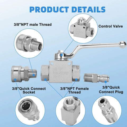 Two-pack Amazon stainless steel pressure washer ball valve kit with 3/8 in NPT threads and quick-connect fittings