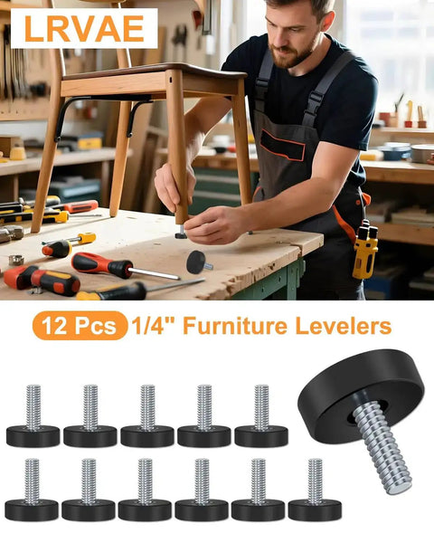 Man adjusts chair legs with 12 Pack Adjustable Leveling Feet One Quarter Inch 20 UNC for furniture DIY projects in a workshop.