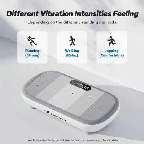 Display of Vibration Plate Exercise Machine With Bluetooth, 440 Lbs Capacity, Silicone Pedals, highlighting different intensities for workouts