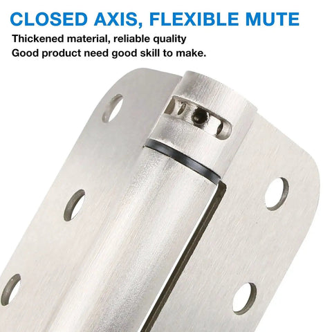 Close-up of Beefy Self Closing Door Hinges Satin Nickel Finish 4x4 Inch Spring Loaded 8-Hole, showcasing durable hinge construction