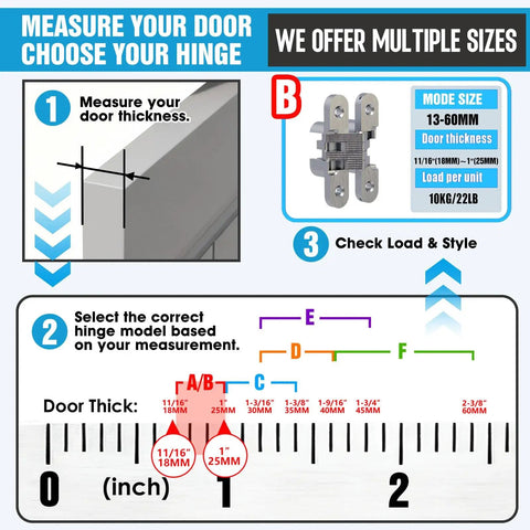 Diagram showing measurement instructions for installing Invisible Cabinet Hinges 180 Degree Concealed Cross Hinges In Black Zinc Alloy 4 Pack.