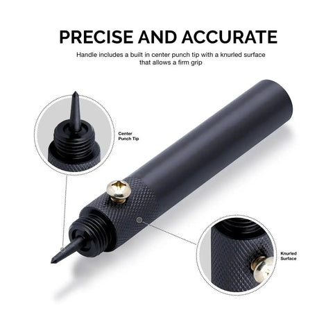 Close-up of handle with center punch tip and knurled surface from Interchangeable Large Hollow Hole Punch Tool Set, 10 Piece.