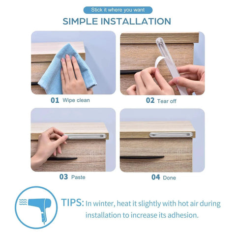 Step-by-step installation of Clear Silicone Cabinet Door Bumper With Strong Adhesive 3M Backing on wooden surface