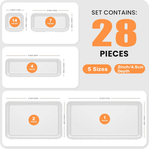 Military Grade Clear Drawer Organizer Set 28 Pcs 5 Sizes Holds 177 Items For Bathroom Vanity Desk Office Junk Drawer Pantry Storage By A LuGei showing size dimensions and pieces included.
