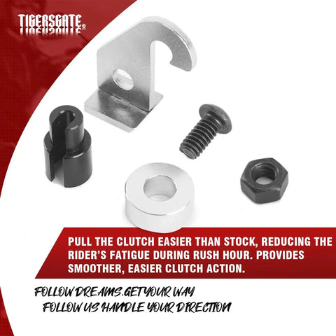 TigerGate Twin Cam Easy Pull Clutch Lever Kit components with metal bracket, black bushing, bolt and nut