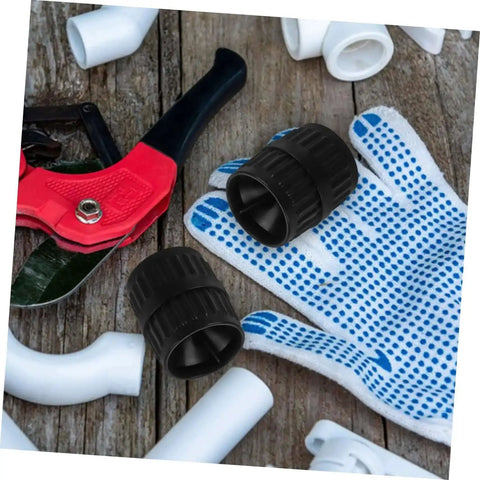 Dual Tubing Reamer Set For No Hassle Deburring shown with gloves, red pipe cutter, and PVC fittings on wooden surface