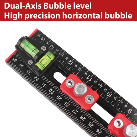 Close-up of 4-In-1 Aluminum Drilling Positioning Ruler 16 Inch Multifunctional T Square Ruler with dual-axis bubble level