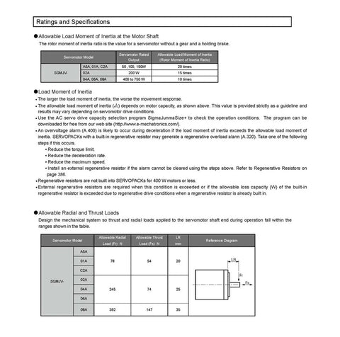 Servo motor datasheet page for model SGMJV-01A3A6S, showing ratings and specifications.