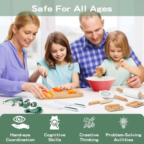 Family using 20 Piece Kids Safe Knife Set For Real Cooking, Montessori Kitchen Tools For Toddlers with cutting board and utensils.
