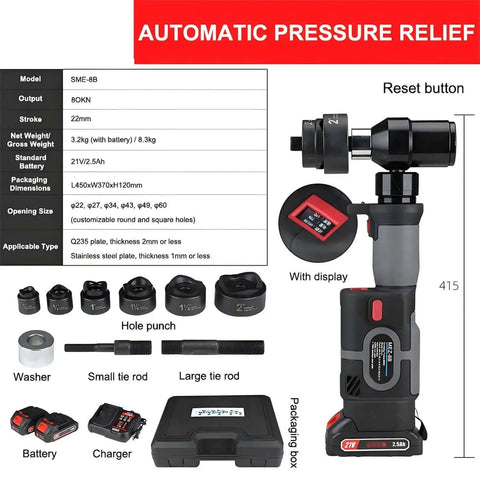 Rechargeable Hydraulic Hole Punch Kit With Six Dies For 22 To 60 mm Holes 21V Battery Pack With 2X2500mAh Cells display