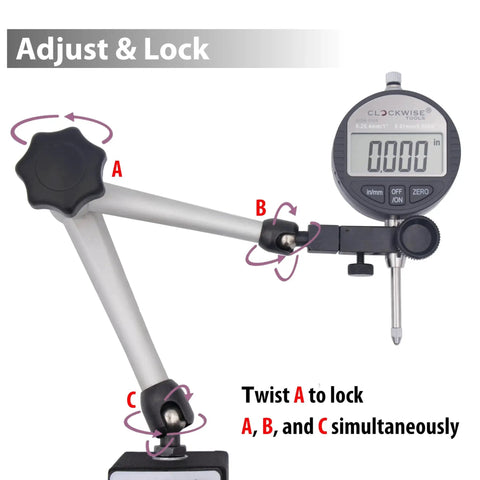 Pro Grade Digital Indicator with Magnetic Base Stand and Large LCD, showing adjust and lock points for precision measurements.