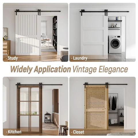 Bypass Sliding Barn Door Hardware Kit in diverse installations: study, laundry, kitchen, closet, showing versatile use.