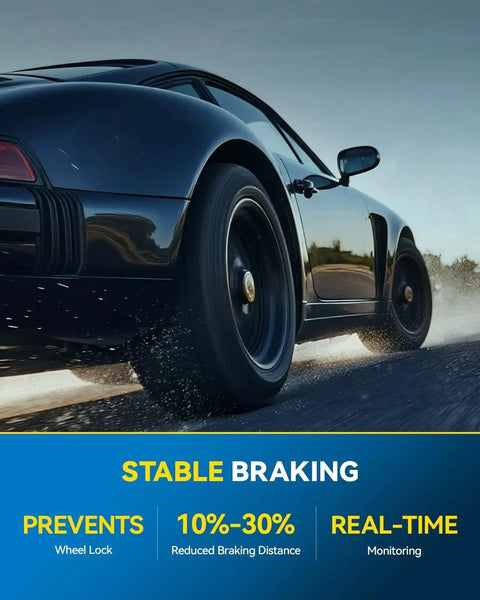 Automotive promotional banner on a black sports car; close-up rear wheel with spray, STABLE BRAKING text at bottom.