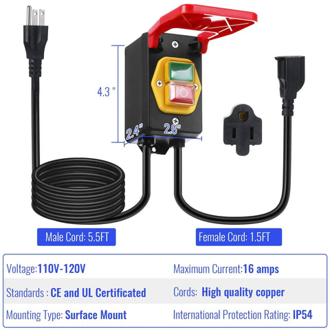 Single Phase On Off Switch With Large Stop Sign Paddle, 120V Router Table Switch For Fast Power Off, Hands Free Safety For Table Saw