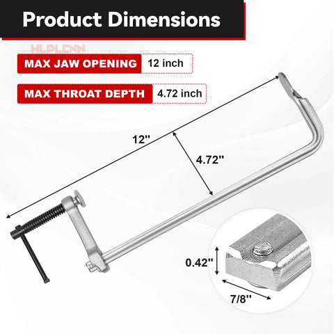 Heavy Duty 12 Inch F Clamps Set For Welding And Metalworking, 1320 Pounds Load Capacity, 4.75 Inch Throat Depth, All Steel Construction, Four Pack Bar Clamps For Woodworking And Metal Fabrication Projects shown with dimensions.