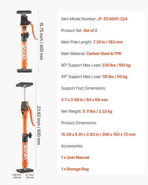 Image showing Telescoping Cabinet Jack Support Pole 2-Pack, 15.75-23.6 Inches 220 Lb Capacity with product specifications.