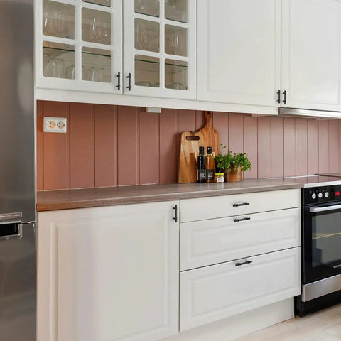 Modern kitchen with Matte Black Cabinet Handles Set of 10 - 3 Inch Center Hole Zinc Alloy Square Bar Drawer Pulls installed on white cabinets