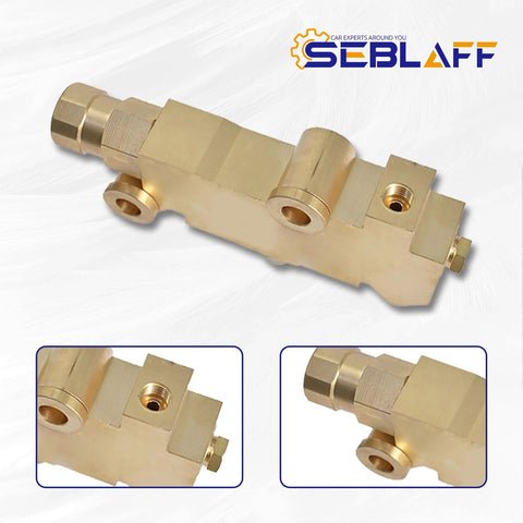 PV4 disc brake proportioning valve kit by SEBLAFF, brass valve block with ports, front view
PV4 valve close-up on brass block showing port and mounting boss
PV4 valve side view, brass block with fittings and threaded port
