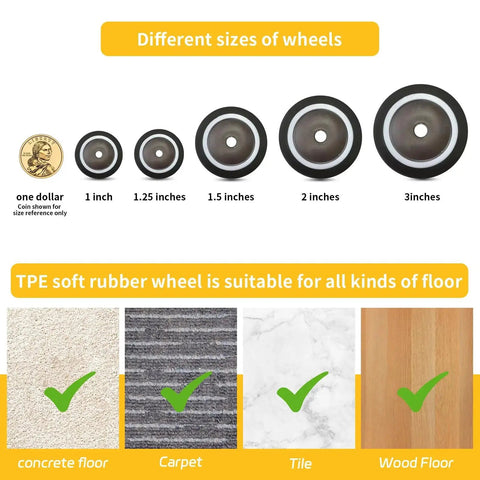 Different sizes of caster wheels with 1 inch shown next to coin, TPE wheel suitable for various floors like concrete, wood, and tile.