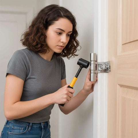 Person using hammer to adjust door hinge, shown in home setting. Not directly related to 4 In 1 Door Hinge Adjustment Tool For Cabinet Doors FurUlixty 0.55 To 0.98 Inch.