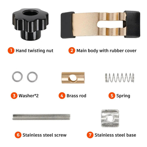 Components of Two Pack Mini Hold Down Clamps Kit For CNC Routers with numbered parts: nut, main body, washer, brass rod, spring, screw, base.