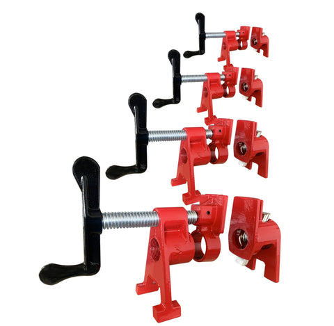 HimaPro 4-pack 3/4-inch H-style pipe clamps, red metal with black handles, for woodworking and DIY projects