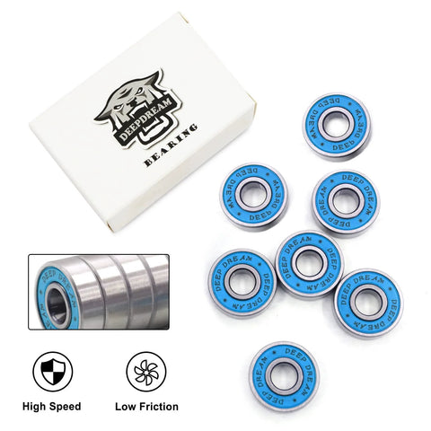 Premium 20Pcs 608RS skateboard bearings chrome steel with blue seals, 8x22x7mm, deep groove, shown with white box
