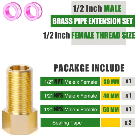 Brass Pipe Extension Fitting Half Inch Female to Half Inch Male Connector with 30mm 40mm 50mm NPT NPS sizes and Teflon tape included