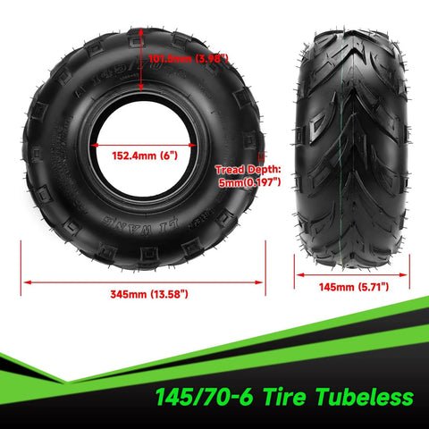 145/70-6 Tubeless Tire For Mini Bikes And ATVs, Wide Fit For Coleman CT100U shown from front and side with measurements