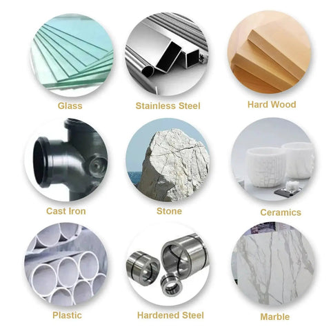 Different materials like glass, stainless steel, hardwood, cast iron, stone, ceramics, plastic, hardened steel, and marble for Double Cut Tungsten Carbide Burr Set For Metal And Wood Ten Piece With One Quarter Inch Shank Rotary Burrs In A Durable Round Case For Grinding Engraving Polishing Carving And Drilling HIDOTOL use.