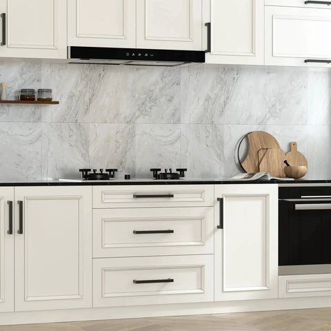 30 Pack Matte Black Cabinet Pulls 6-1/4 Inch Square Bar Stainless Steel Handles For Kitchen Cupboards And Dressers installed on white kitchen cabinets