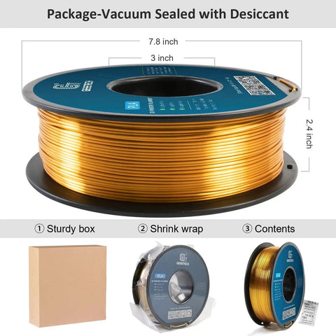 Premium Metallic Gold Silk PLA Filament 1.75mm For 3D Printers 1kg Spool, shown in packaging and labeled dimensions.