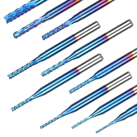 Pro Grade Nano Blue Coat End Mills Set For CNC Router Bits, 10Pcs From 0.8mm To 3.0mm Cutting Diameter, One Eighth Inch Shank, Ultra Fine Carbide