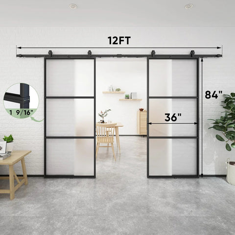 Two 36 Inch By 84 Inch Frosted Glass Barn Door Panels With Top Mounted Hardware And Soft Close Kit 72 Inch By 84 Inch Interior Sliding Glass Door In Black Carbon Steel Frame Dope Sleek Look, installed view