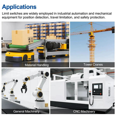 Applications of Sealed TZ-6001 Limit Switch Pack of 2 in industrial automation, including material handling and CNC machinery.