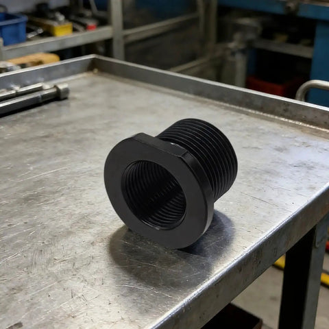 Close-up of Thread Protector 1/2x28 To 5/8x24 With Crush Washer Steel 2 Pack on a workshop table.
