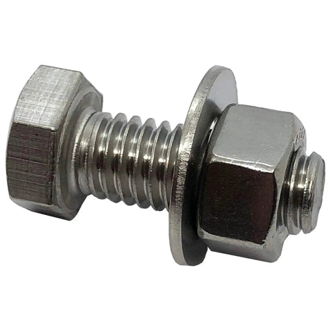Close-up of 304 stainless steel bolt, nut, and washer set, 1/4-20 x 1 inch hex head, part of All Purpose 304 Stainless Steel Bolts Nuts And Washers Set One Quarter Inch Twenty Threads Per Inch By One Inch Hex Head Rust Resistant Heavy Duty Hardware Kit With Ten Bolts Ten Nuts And Ten Washers For Indoor And Outdoor Projects.
